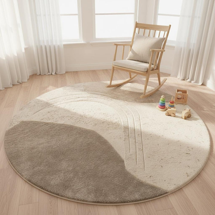 Translation missing: es.Soft sculpted wool area rug in neutral tones creating a calming focal point in a contemporary minimalist home setting