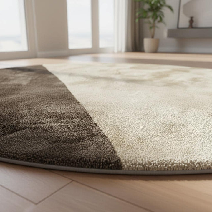 Translation missing: en.Modern round area rug in two tone cream and taupe with plush tufted texture and geometric Japandi design
