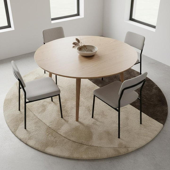 Translation missing: en.Plush contemporary round area rug with cream and taupe curved design, perfect for Japandi, modern, or Scandinavian interiors