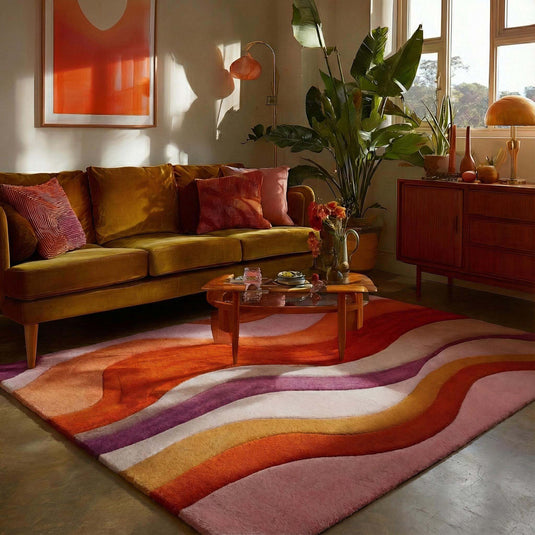 Translation missing: es.Retro wavy area rug with colorful 70s wave pattern and soft tufted wool texture