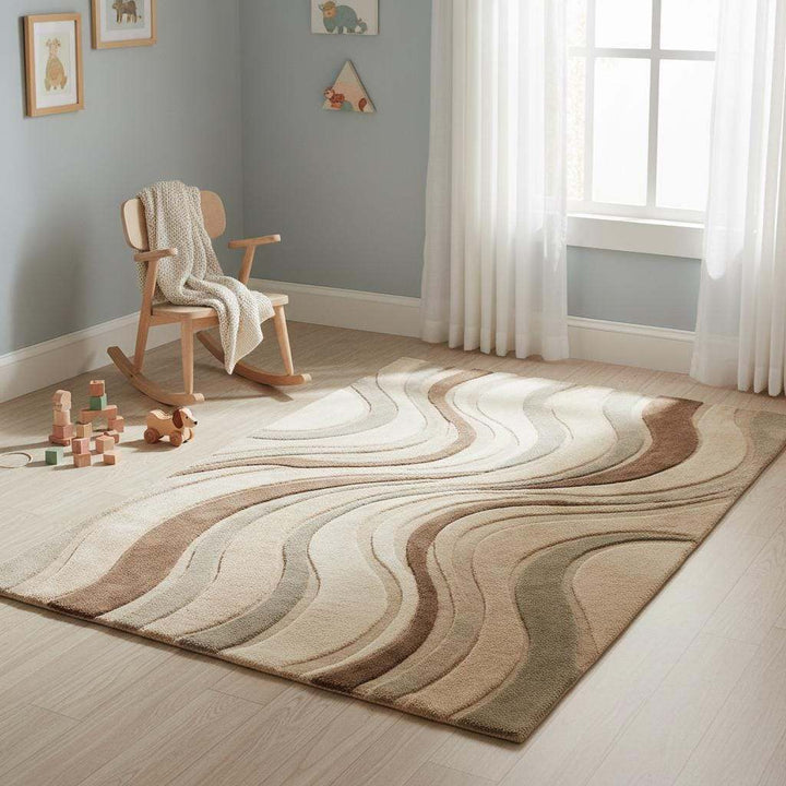 Translation missing: en.Textured soft area carpet with organic wave pattern laid on parquet flooring in a minimalist living space