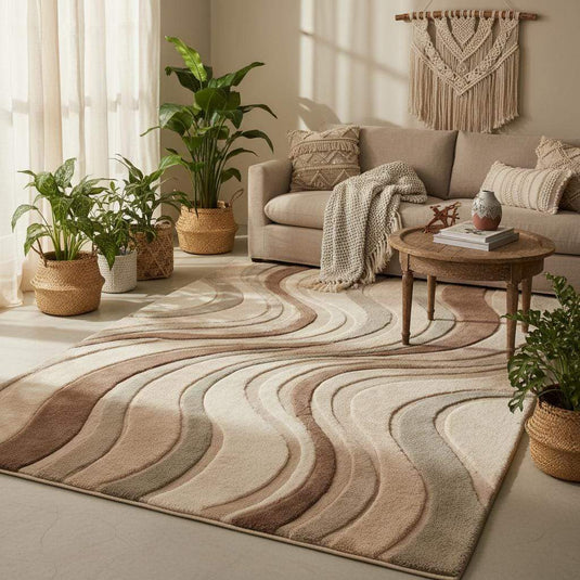 Translation missing: es.Modern sculpted area rug with 3D carved design placed in a bright living room with natural light