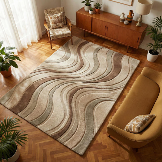 Translation missing: es.Modern sculpted wave rug in neutral earth tones with 3D carved wave design, plush hand tufted wool blend carpet for living rooms