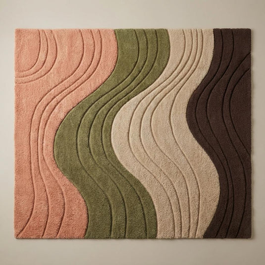 Translation missing: en.Contemporary wave design rug featuring raised curves and soft neutral colors styled beside a wooden sideboard and modern armchair