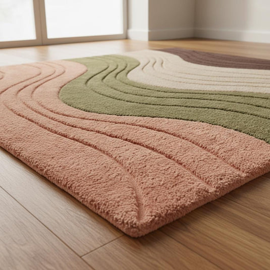 Translation missing: en.Beige modern wavy area rug with hand tufted textured waves and plush high pile carpet for living room comfort