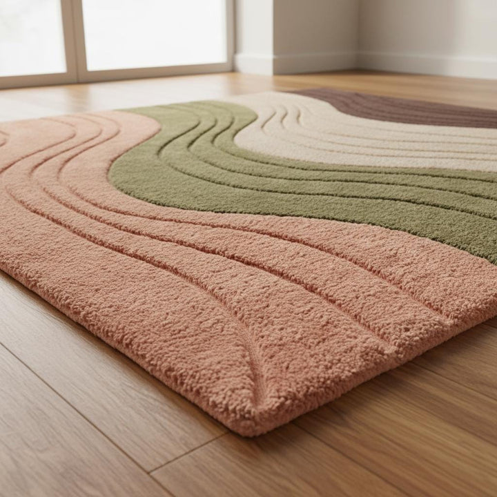 Translation missing: en.Beige modern wavy area rug with hand tufted textured waves and plush high pile carpet for living room comfort