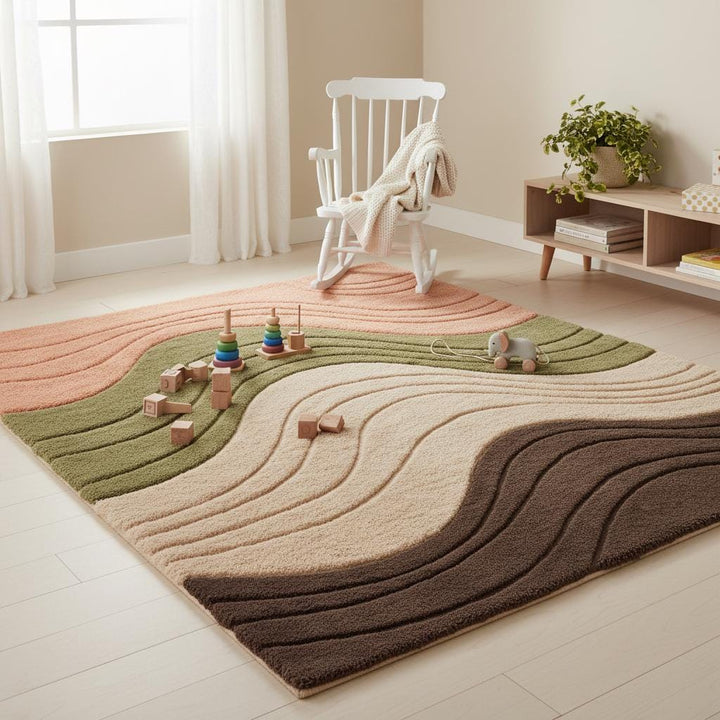 Translation missing: en.Elegant wavy design rug with plush 3D texture styled in a serene Japandi-inspired room with wooden décor accents