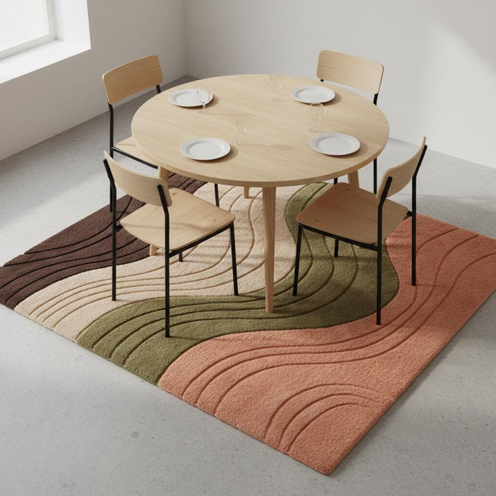 Translation missing: en.Textured contemporary rug with curved layered waves in peach, green, cream, and cocoa tones placed on a neutral floor