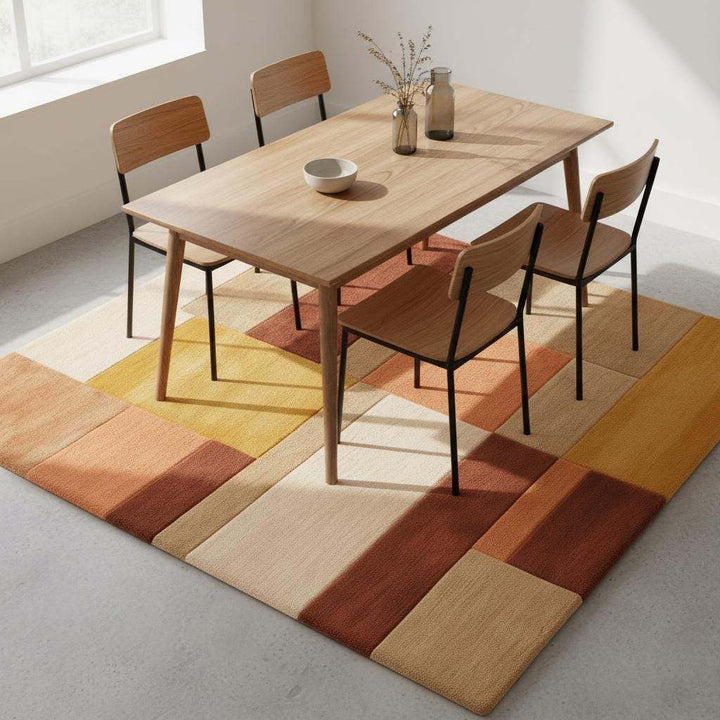 Translation missing: es.Earthy geometric rug with color block pattern creating a cozy and inviting atmosphere in a vintage-inspired home