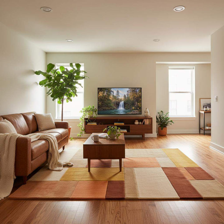 Translation missing: es.Retro-inspired area rug with abstract patchwork design adding warmth to a stylish living room with natural sunlight