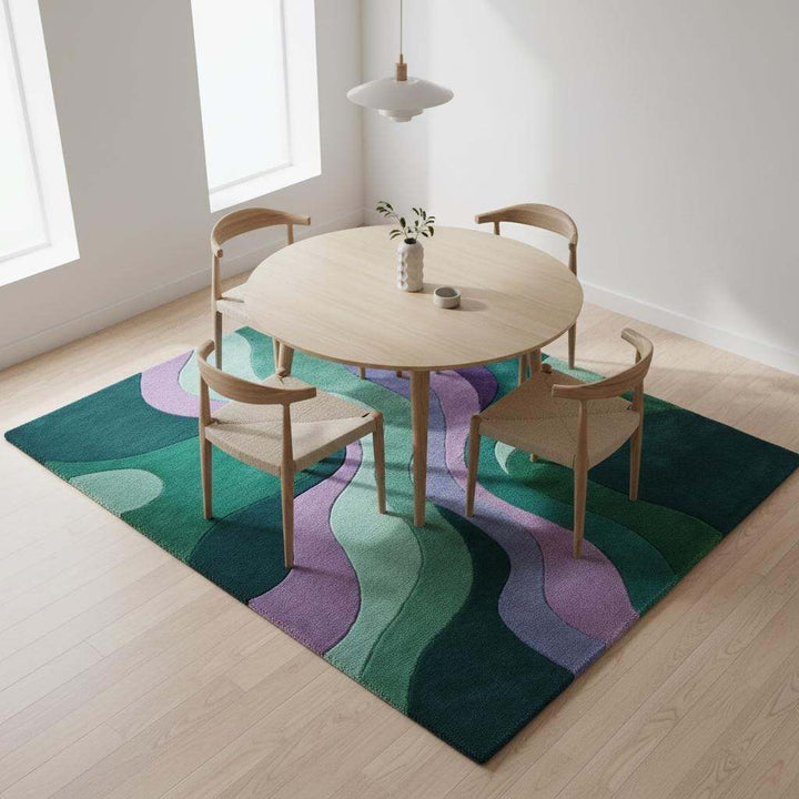 Translation missing: en.Modern wavy area rug with retro green and purple abstract pattern, plush and durable carpet for living rooms and bedrooms