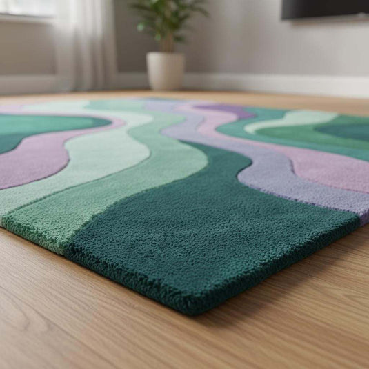 Translation missing: es.Artistic abstract rug in vibrant cool tones adding color and flow to a cozy modern reading corner