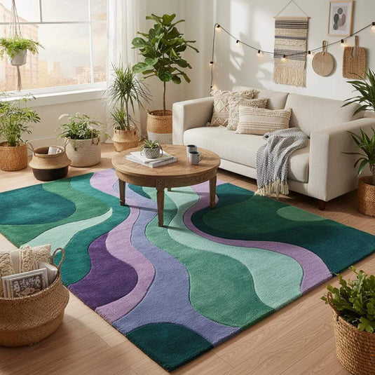 Translation missing: es.Colorful mid century modern rug with curving lines and soft plush texture used as a living room statement piece