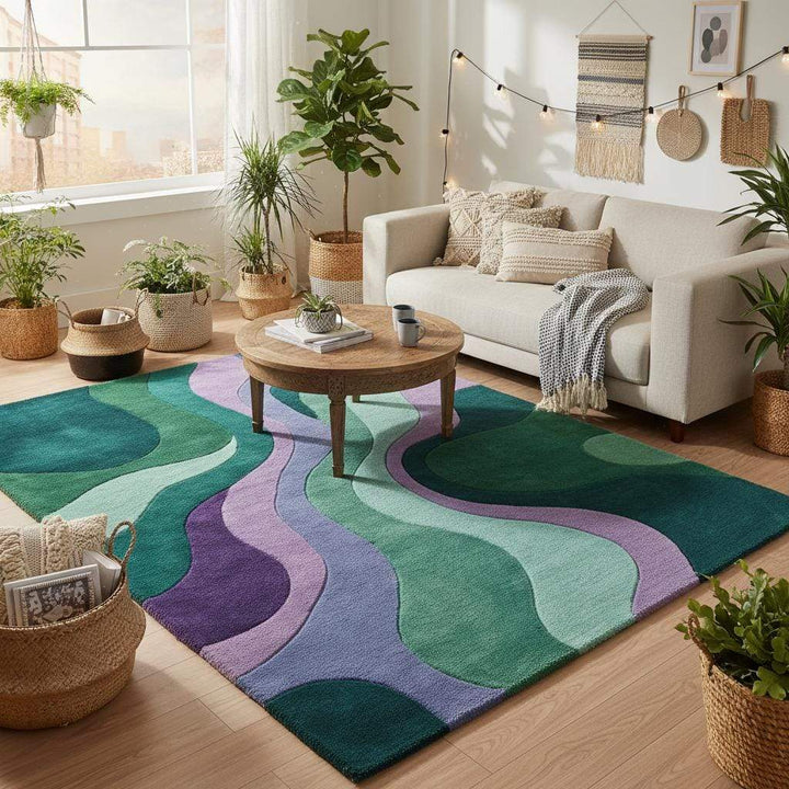 Translation missing: en.Colorful mid century modern rug with curving lines and soft plush texture used as a living room statement piece