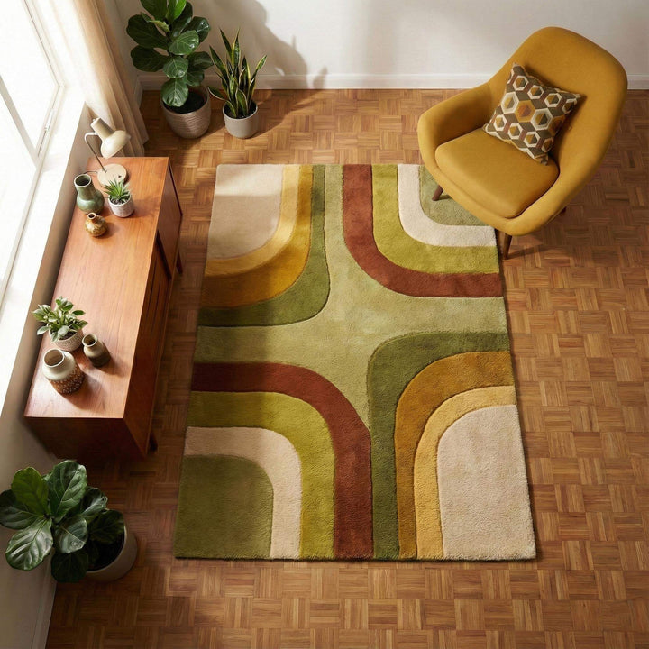 Translation missing: es.Mid century area rug with colorful retro geometric design and soft plush texture in earth tones