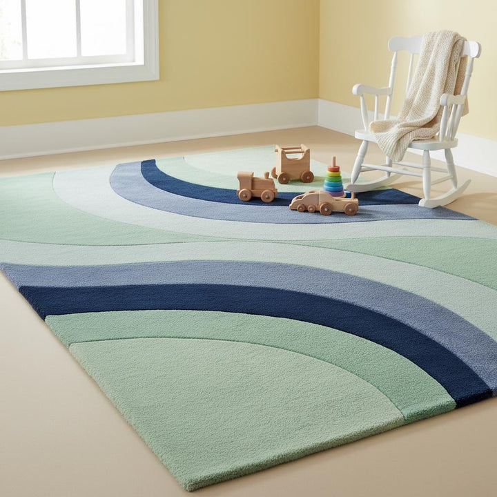 Translation missing: en.Mid-century inspired abstract rug with carved pile texture, displayed on parquet wood flooring with stylish furniture