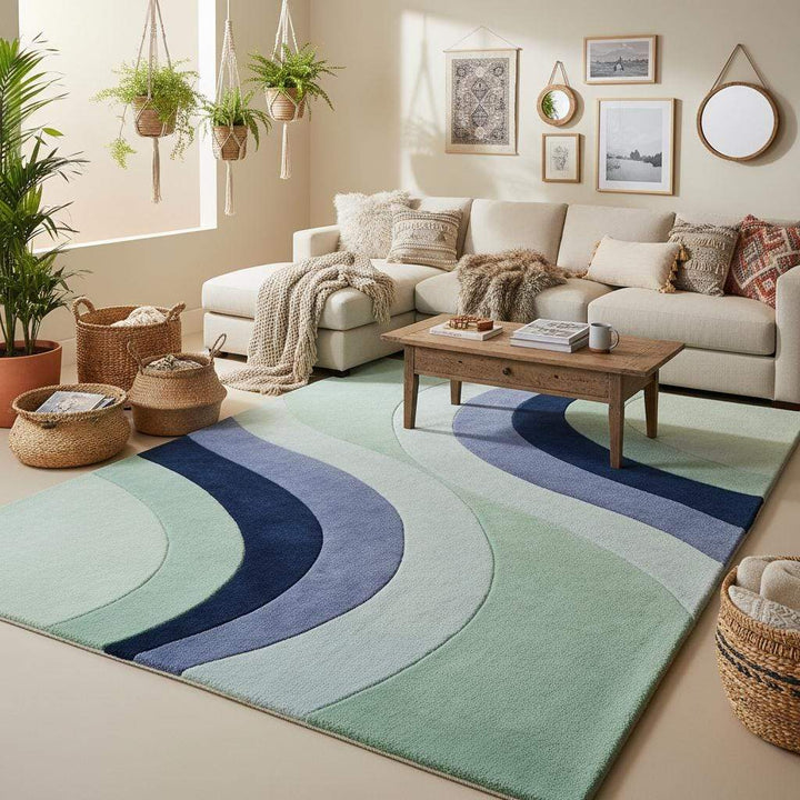 Translation missing: en.Textured sculpted wave rug with flowing blue and green shapes styled in a bright living room with wood furniture and plants