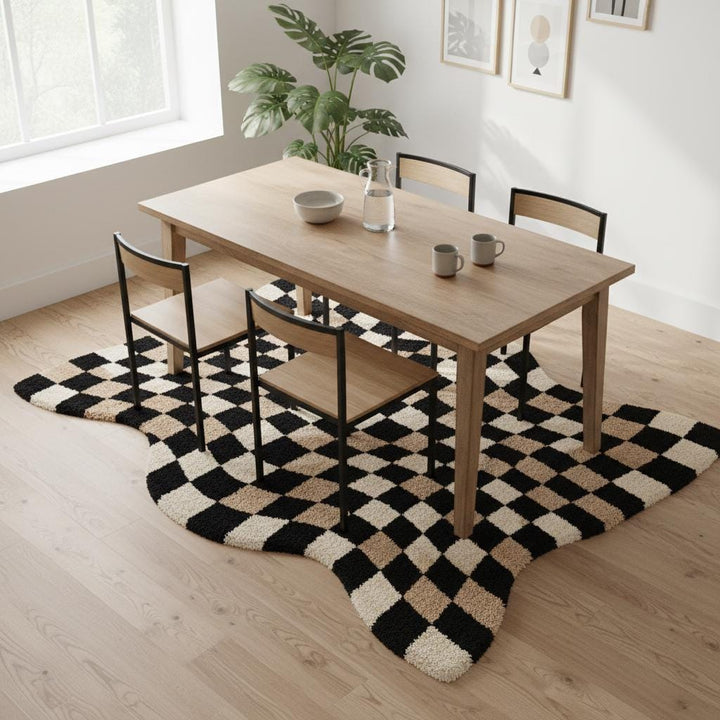 Translation missing: es.Modern optical-illusion wavy rug with plush high-pile texture showcased in a warm wood-tone home interior