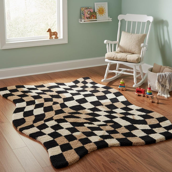 Translation missing: es.Decorative modern accent rug with wavy checkerboard design styled alongside mid-century wood furniture and neutral tones