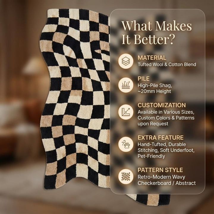 Translation missing: es.Wavy checkered rug with black and beige optical illusion pattern, plush high pile, non-slip backing, and retro modern design