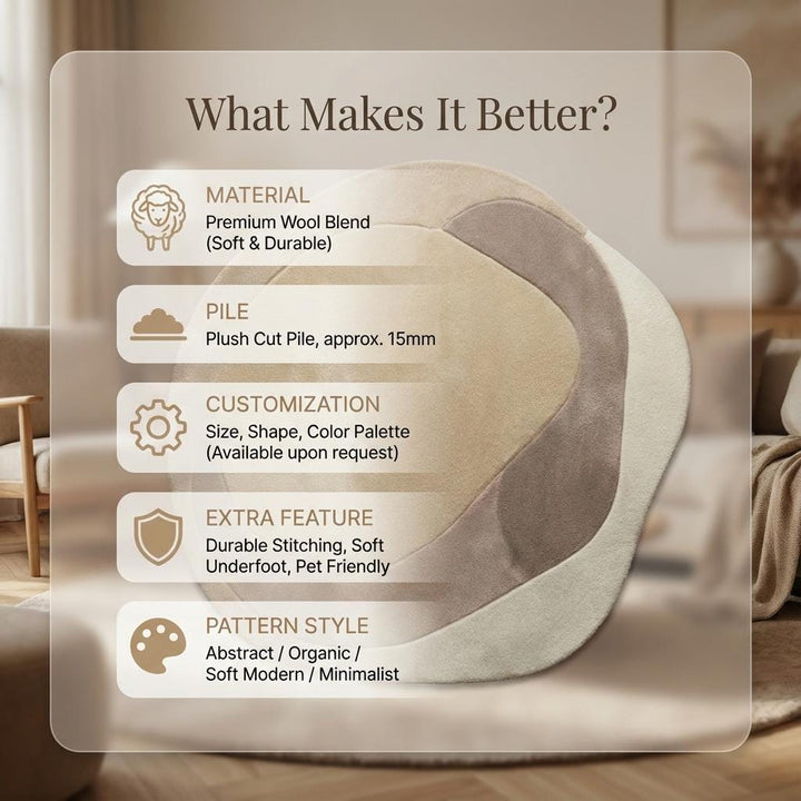 Translation missing: en.Modern abstract rug with organic shape in beige cream tones, plush microfiber, and anti-slip backing for contemporary living spaces