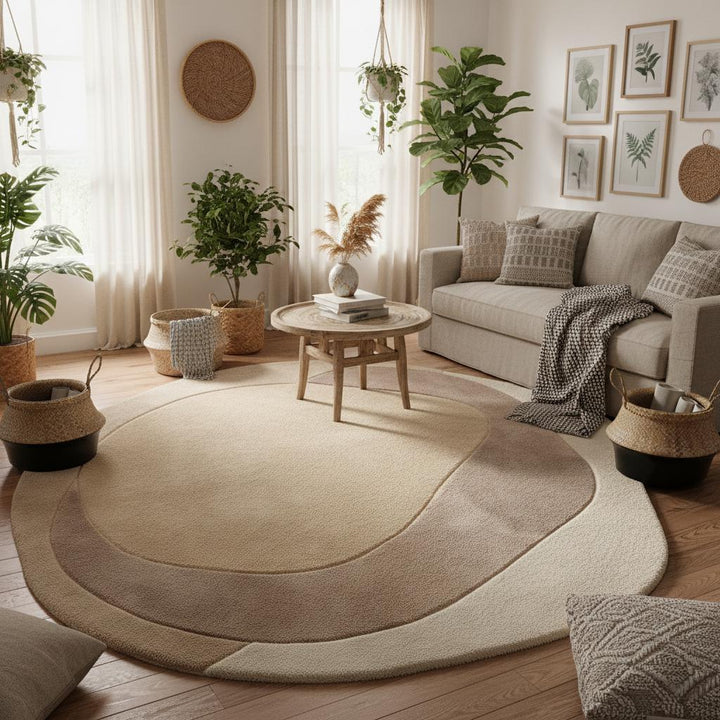 Translation missing: en.Soft plush abstract rug with organic lines in taupe and cream on dark wood flooring