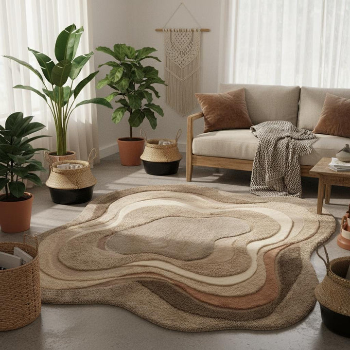 Translation missing: en.Plush sculptural area rug featuring layered waves in neutral tones, styled in a bright living room with mid-century furniture