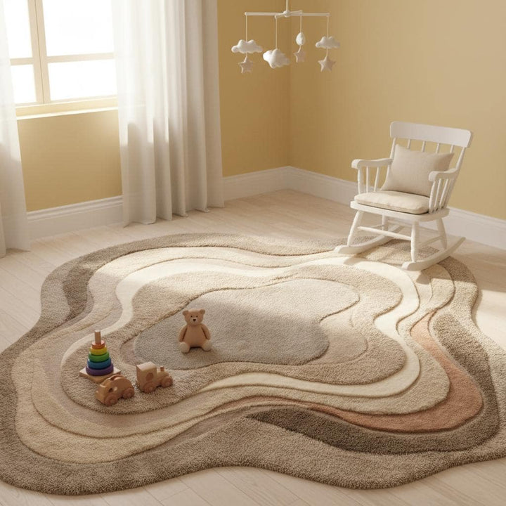 Translation missing: en.Earthy neutral textured rug with multi-layer contours enhancing a stylish living room with cream sofas and wooden accents
