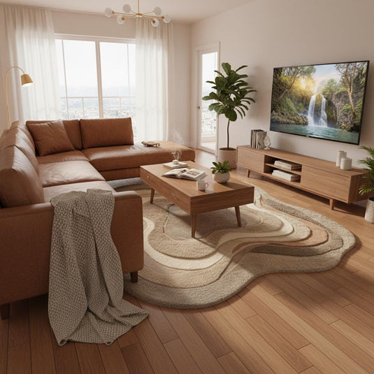 Translation missing: es.Soft modern boho rug with organic flowing design and 3D carved texture shown in a warm, plant-filled home interior