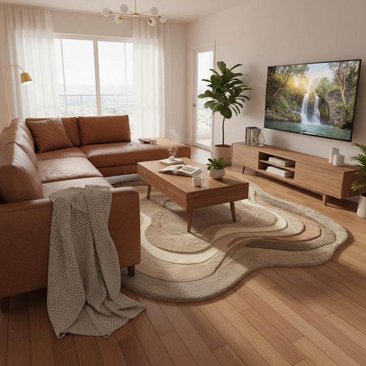Translation missing: en.Soft modern boho rug with organic flowing design and 3D carved texture shown in a warm, plant-filled home interior