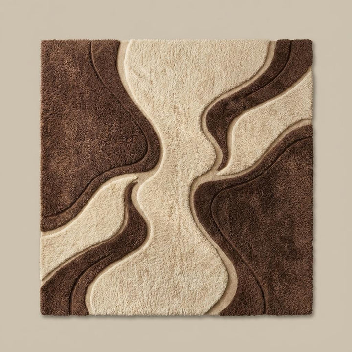 Translation missing: en.Soft sculpted shag area rug in neutral brown and beige tones featuring flowing 70s-style patterns, styled in a sunlit mid-century modern room