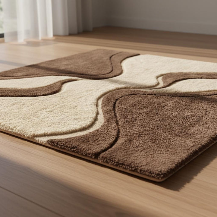 Translation missing: en.Mid century shag rug with retro geometric pattern and soft plush texture in brown and cream colors