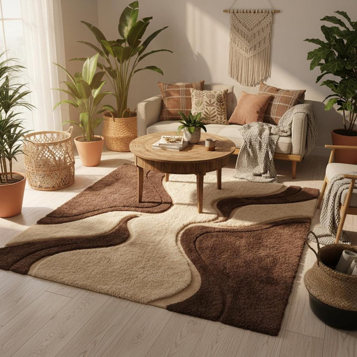 Translation missing: en.Retro abstract geometric rug with high-low texture, brown and cream color palette, perfect for vintage-inspired or modern home décor settings