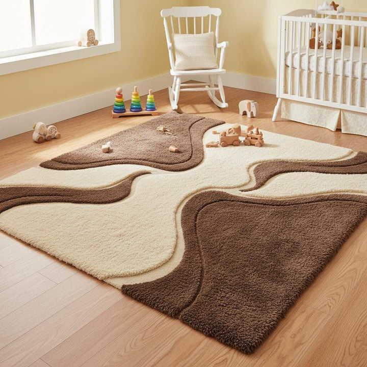 Translation missing: en.Brown and cream textured area rug with sculpted shag detailing in a minimalist modern living space, offering warm neutral home décor