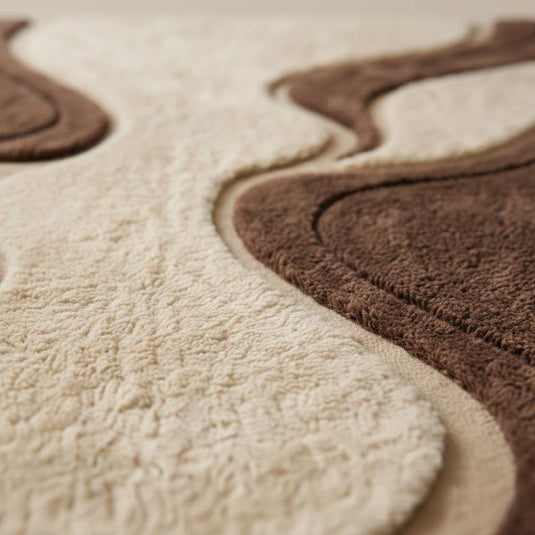 Translation missing: es.Mid century shag rug with retro geometric pattern and soft textured brown cream pile