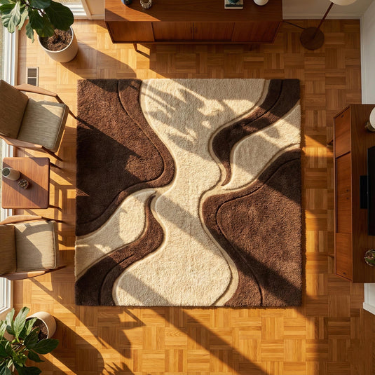 Translation missing: es.Mid century shag rug with retro geometric pattern and soft textured plush fibers