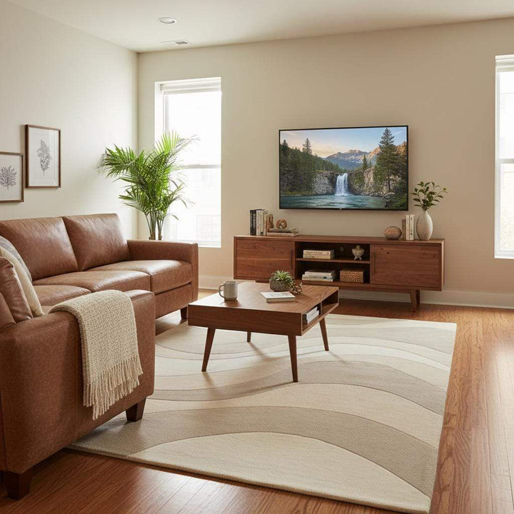 Translation missing: en.Neutral modern rug with wave design shown in a cozy living room featuring warm wood tones and natural light