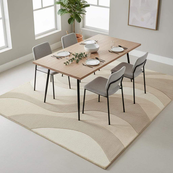 Translation missing: en.Beige cream area rug with wavy textured pattern in minimalist living room setting