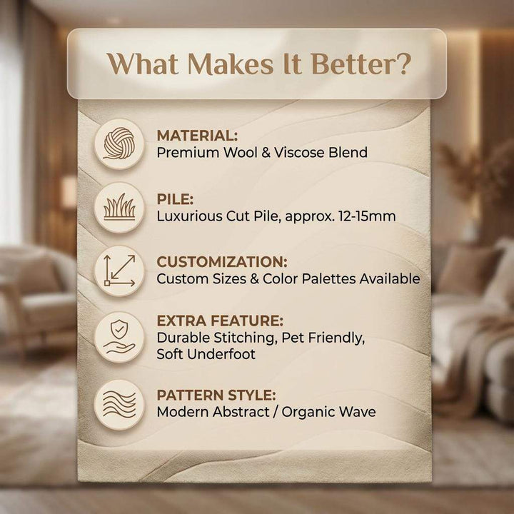 Translation missing: en.Beige cream area rug with textured wavy pattern in minimalist living room setting