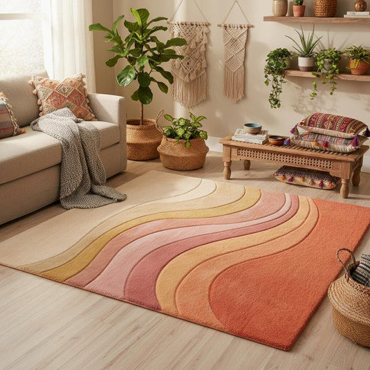 Translation missing: es.Soft wool carpet with abstract wavy lines and warm sunset shades displayed in a cozy living room corner