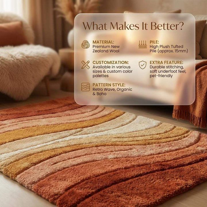 Translation missing: en.Mid century modern rug with sculpted wave design in warm earth tones of terracotta, rust, ochre, and cream