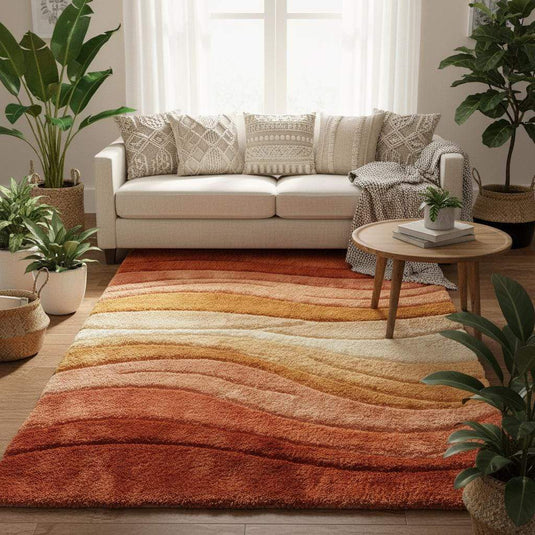 Translation missing: en.Warm neutral living room rug with mid century modern aesthetic, soft high pile texture and flowing curved lines
