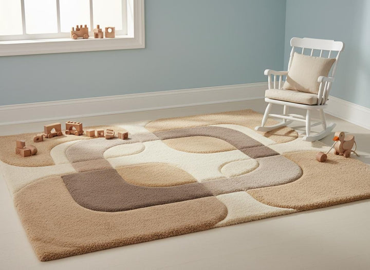 Translation missing: en.Beige and taupe modern area rug with organic mid century design used as a statement living room carpet