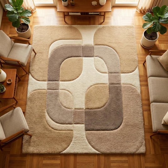 Translation missing: en.Mid century modern rug with neutral beige taupe geometric pattern and plush texture for living rooms