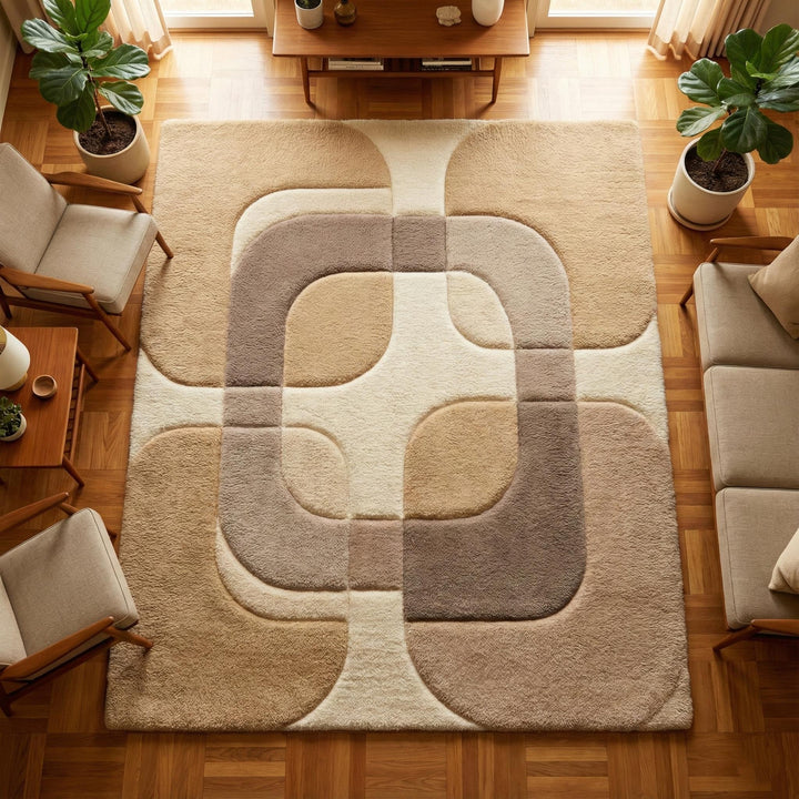 Translation missing: en.Mid century modern rug with neutral beige taupe geometric pattern and plush texture for living rooms