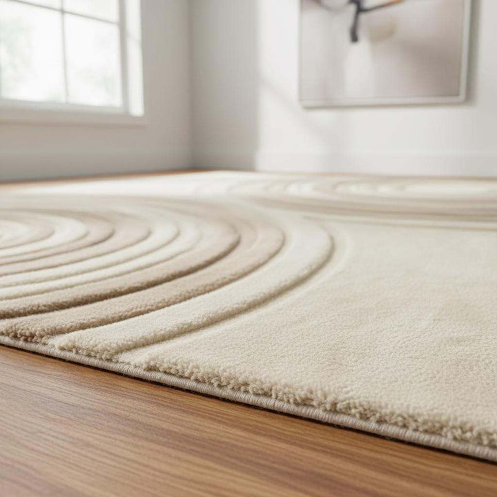 Translation missing: es.Modern beige neutral area rug with sculpted circle texture, soft plush and durable carpet for minimalist and Japandi style interiors