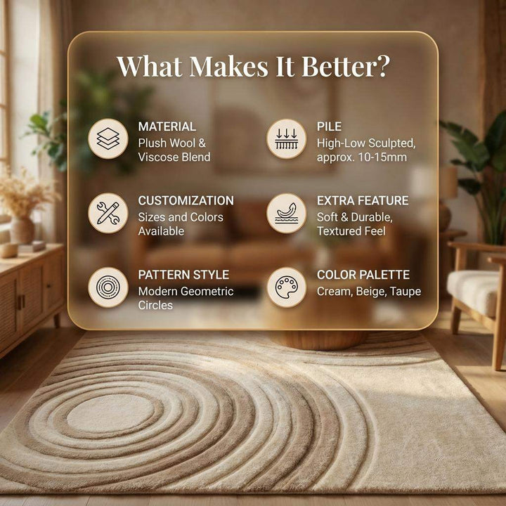 Translation missing: es.Modern beige neutral area rug with sculpted circle texture, soft plush and durable carpet for minimalist and Japandi style rooms