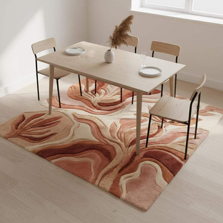 Translation missing: es.Abstract boho rug with textured terracotta floor design and organic leaf pattern for modern living room decor