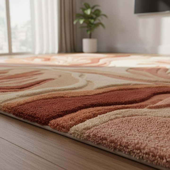 Translation missing: es.Abstract boho rug with textured terracotta floor and organic leaf design for modern living rooms
