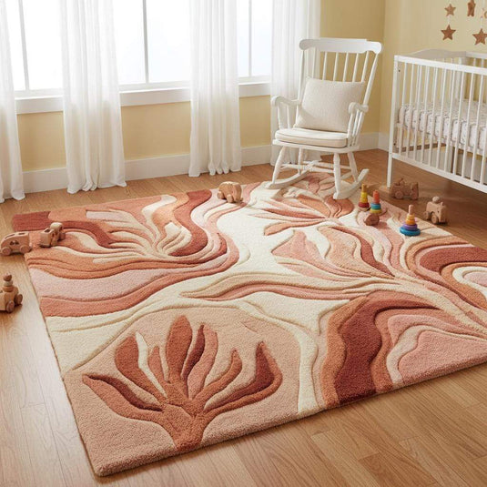 Translation missing: es.Mid century modern area rug with abstract botanical shapes and plush textured surface